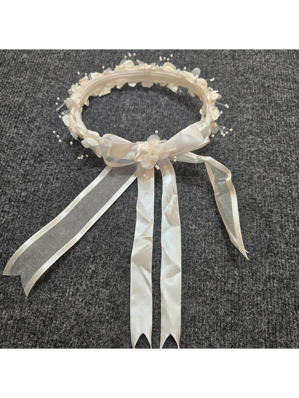 White Flower Crown Veil Headband Trailing Satin Ribbon First Communion Bridal